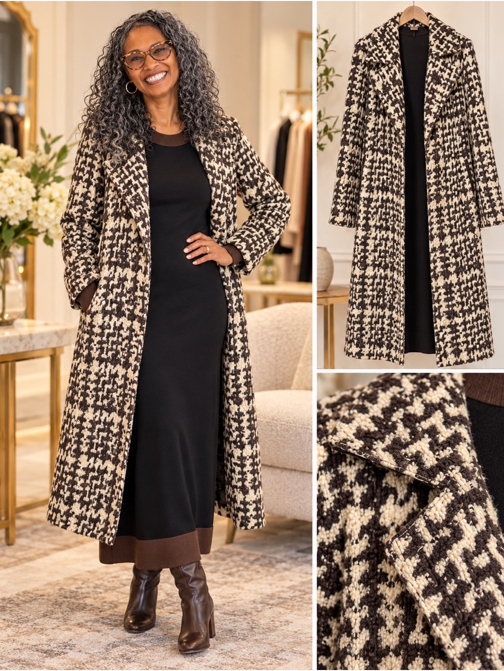 Ellen Tracy Black and Cream Belted Patterned Trench Coat